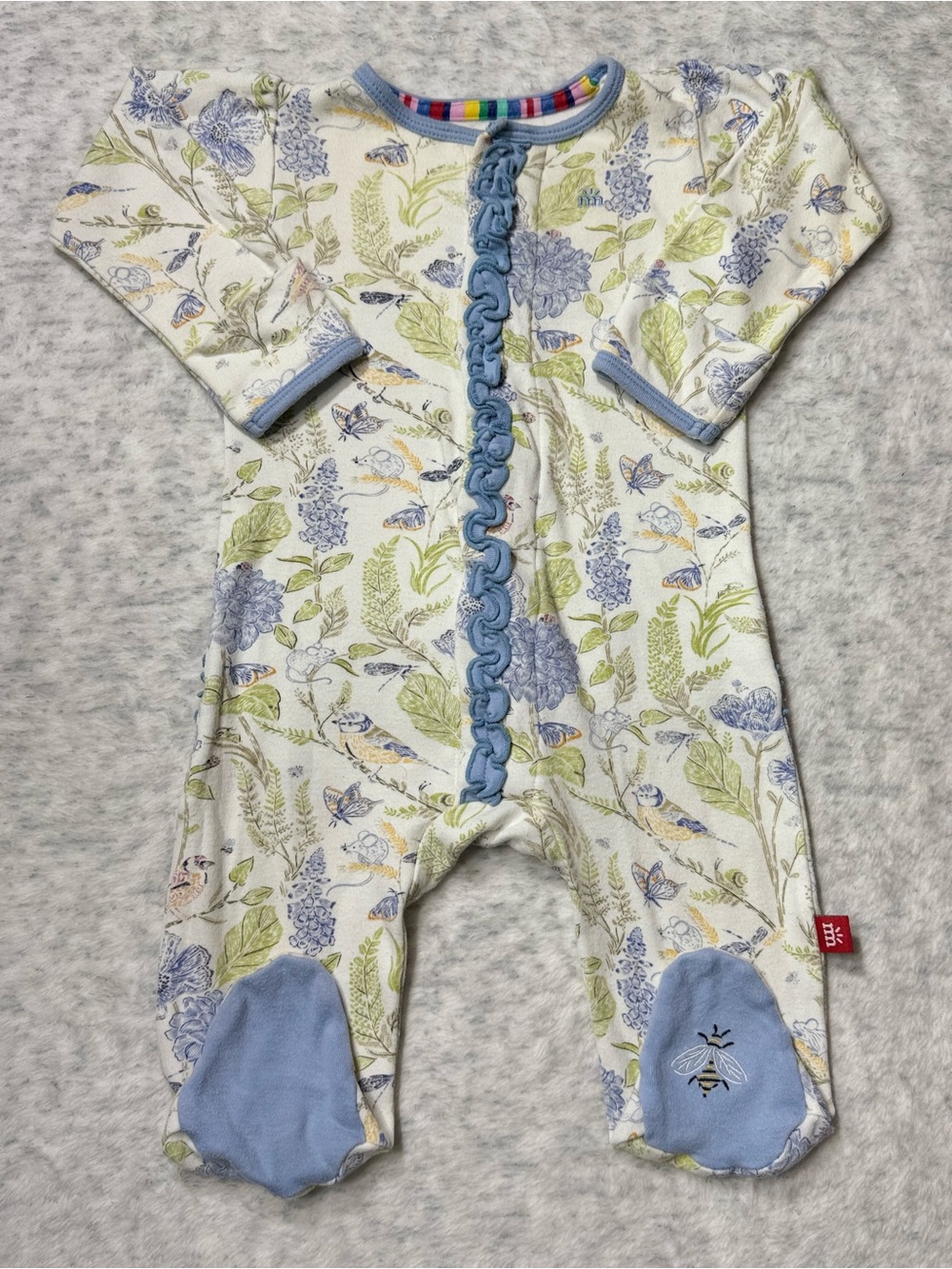 Magnetic Me Blue Floral Garden Bee Footie Sleeper 3-6M Baby Girl Cotton Ruffle